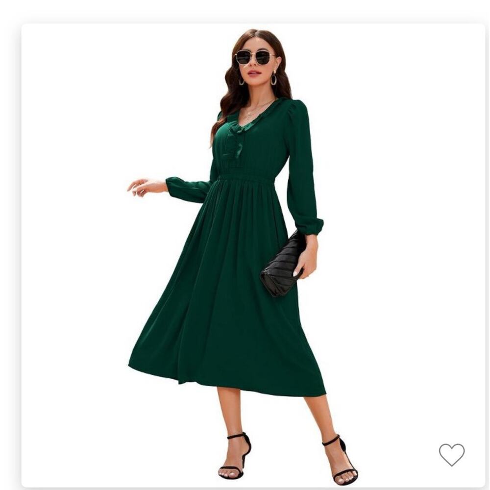 NWT- Dark green Long Sleeve midi Dress, Empire Waist Ruffle V neck- Small